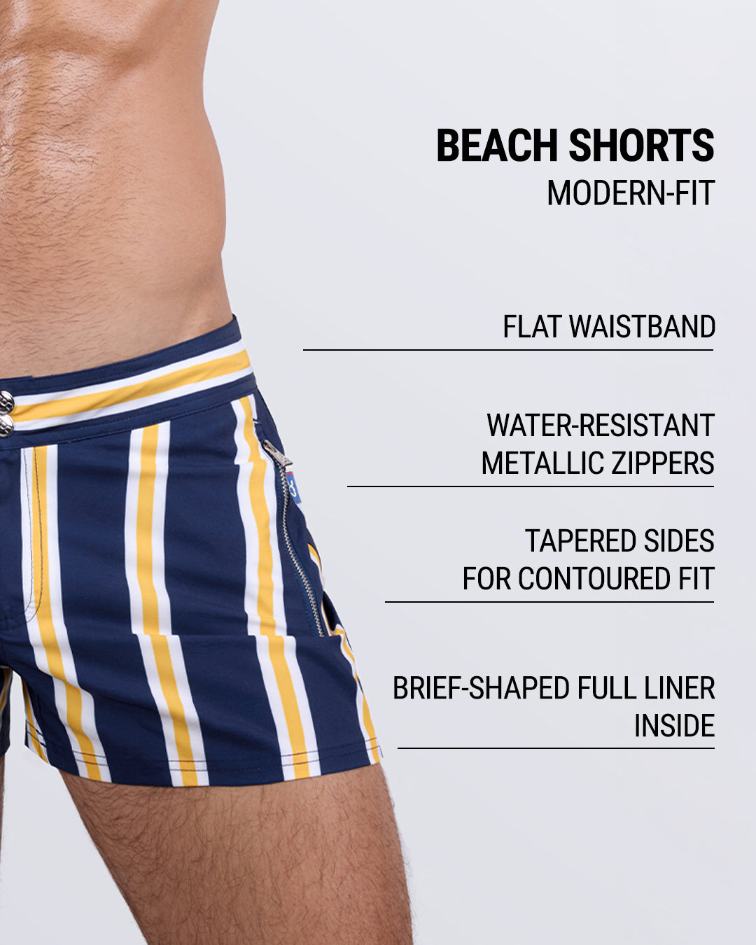 Detailed close-up of the SUN CHASING STRIPES beach shorts by DC2 Miami, highlighting key features: modern-fit design, flat waistband, water-resistant metallic zippers, tapered sides for a contoured fit, and a brief-shaped full liner inside for added support and comfort.