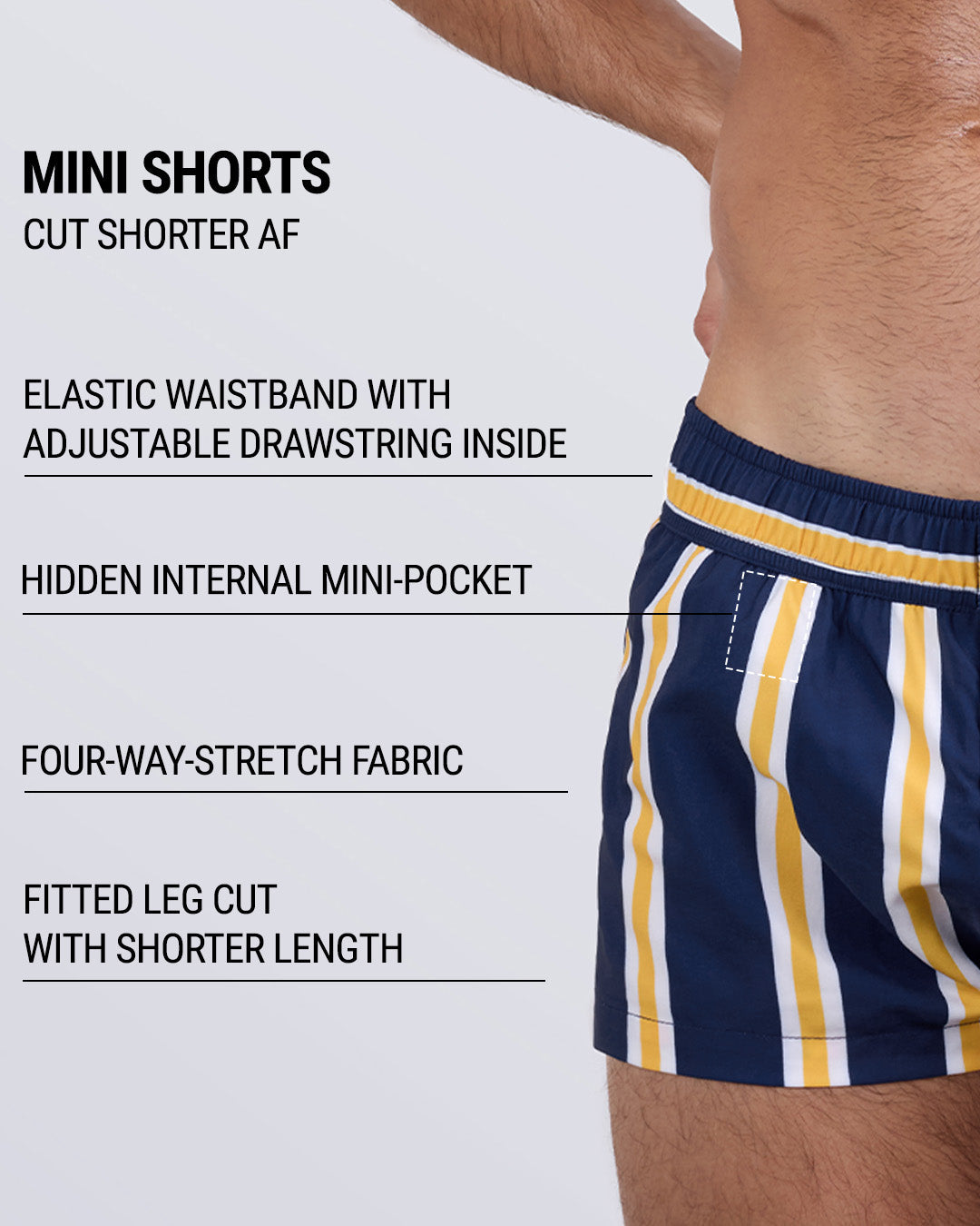 Detailed close-up of the SUN CHASING STRIPES Mini Shorts by DC2 Miami, highlighting key features: ultra-short fitted design, elastic waistband with an internal adjustable drawstring, hidden internal mini-pocket, four-way stretch fabric, and a sleek, contoured leg cut.