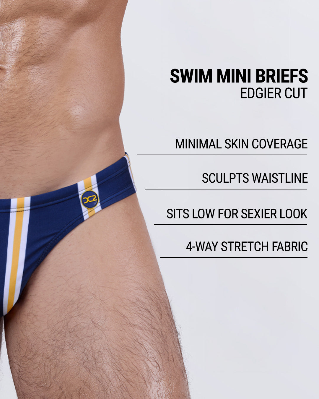 Infographic explaining the edgier cut of the Swim Mini Briefs. Features sculpt waistline, 4-way stretch fabric, sits low for sexier look, and has quick-dry material.