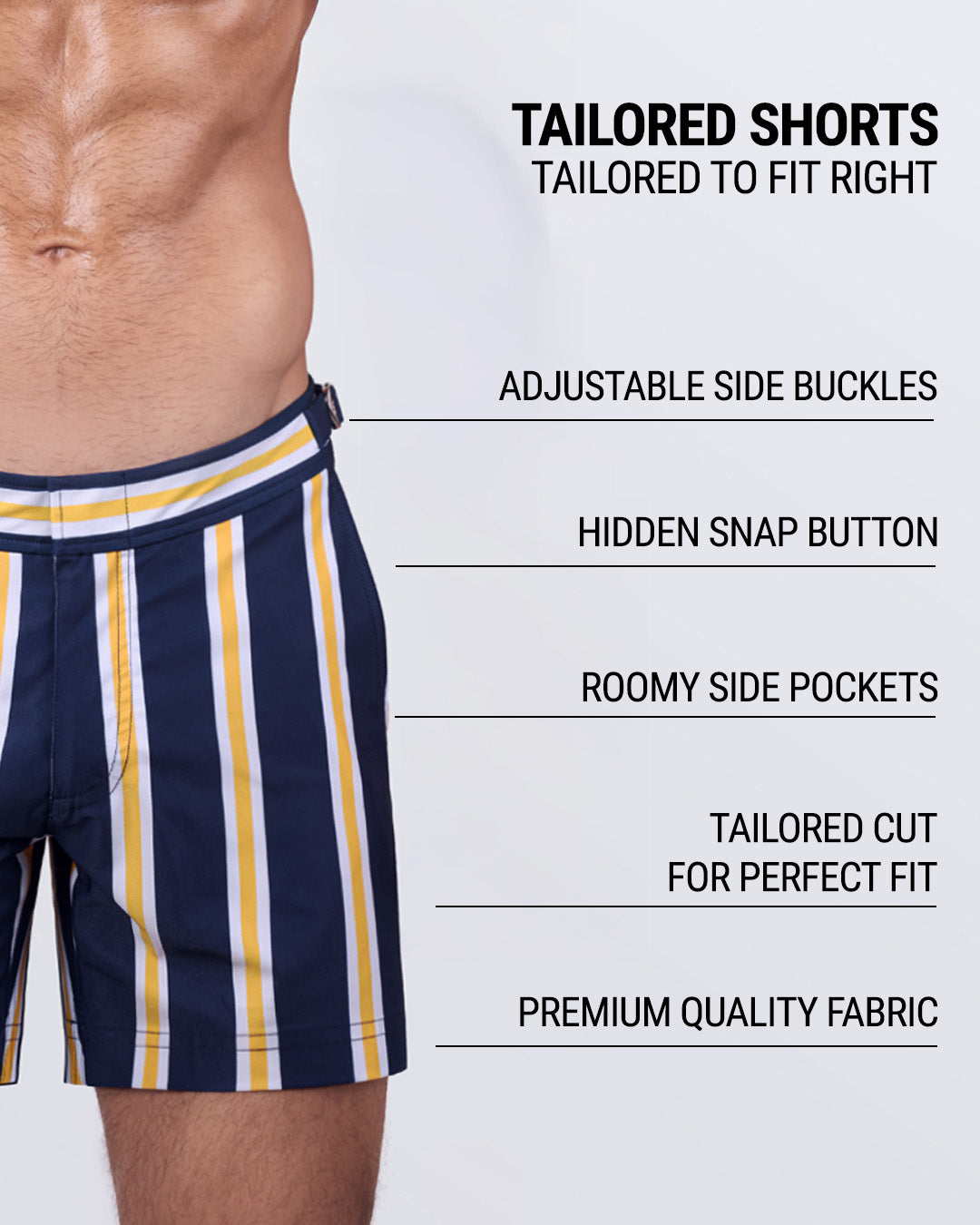SUN CHASING STRIPES - Men's designer swim shorts in a tailored cut, featuring roomy side pockets, quick-dry premium fabric, and a hidden snap button. A must-have for fashionable men’s beachwear and luxury swimwear.