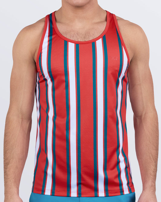 Men's red, white, and teal striped tank top – SWIFT STRIPES by DC2 Miami – athletic cut, quick-dry fabric, ideal for workouts and summer