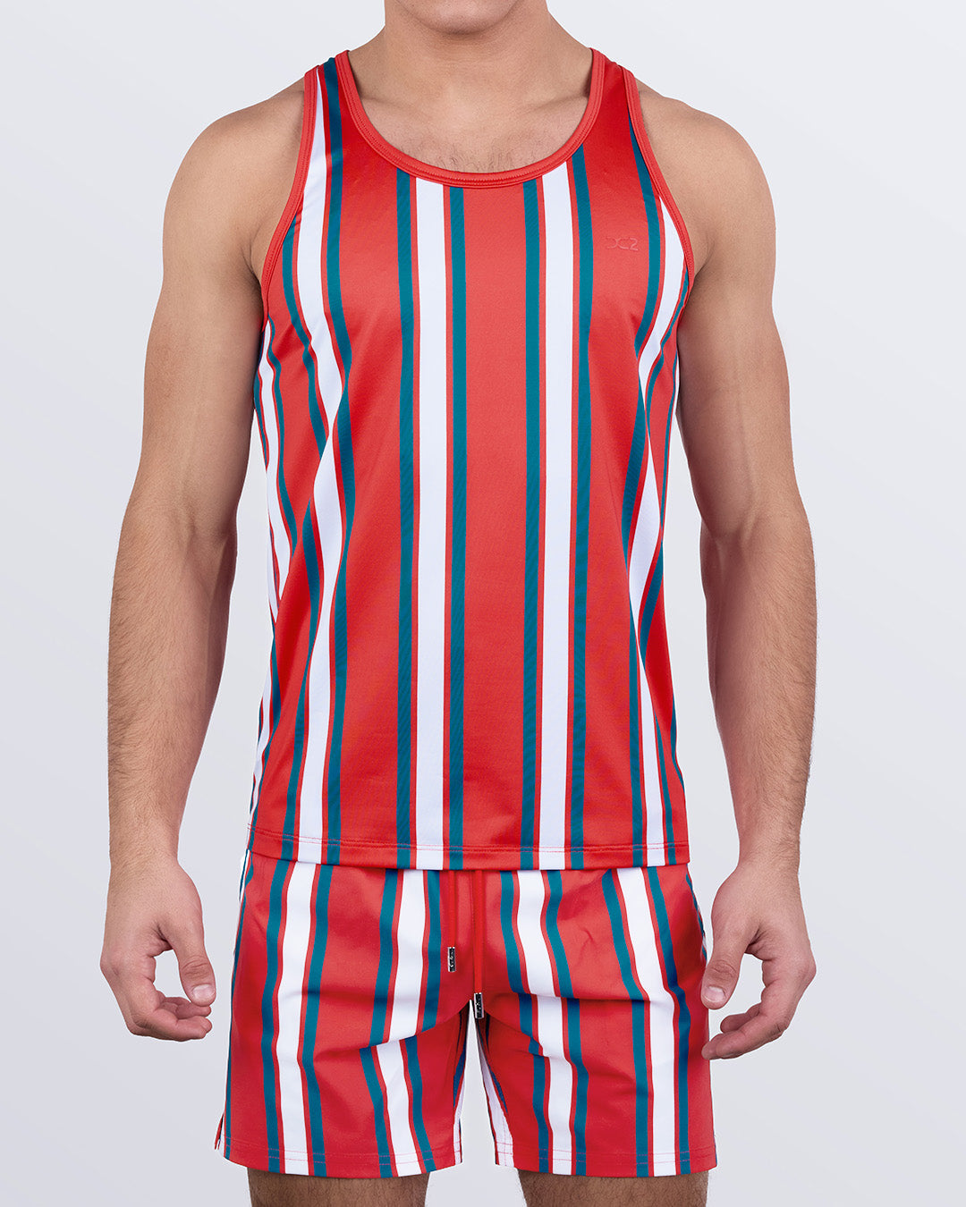 Matching SWIFT STRIPES tank top and shorts set – men's vibrant striped activewear by DC2 Miami – stylish summer workout or resort outfit
