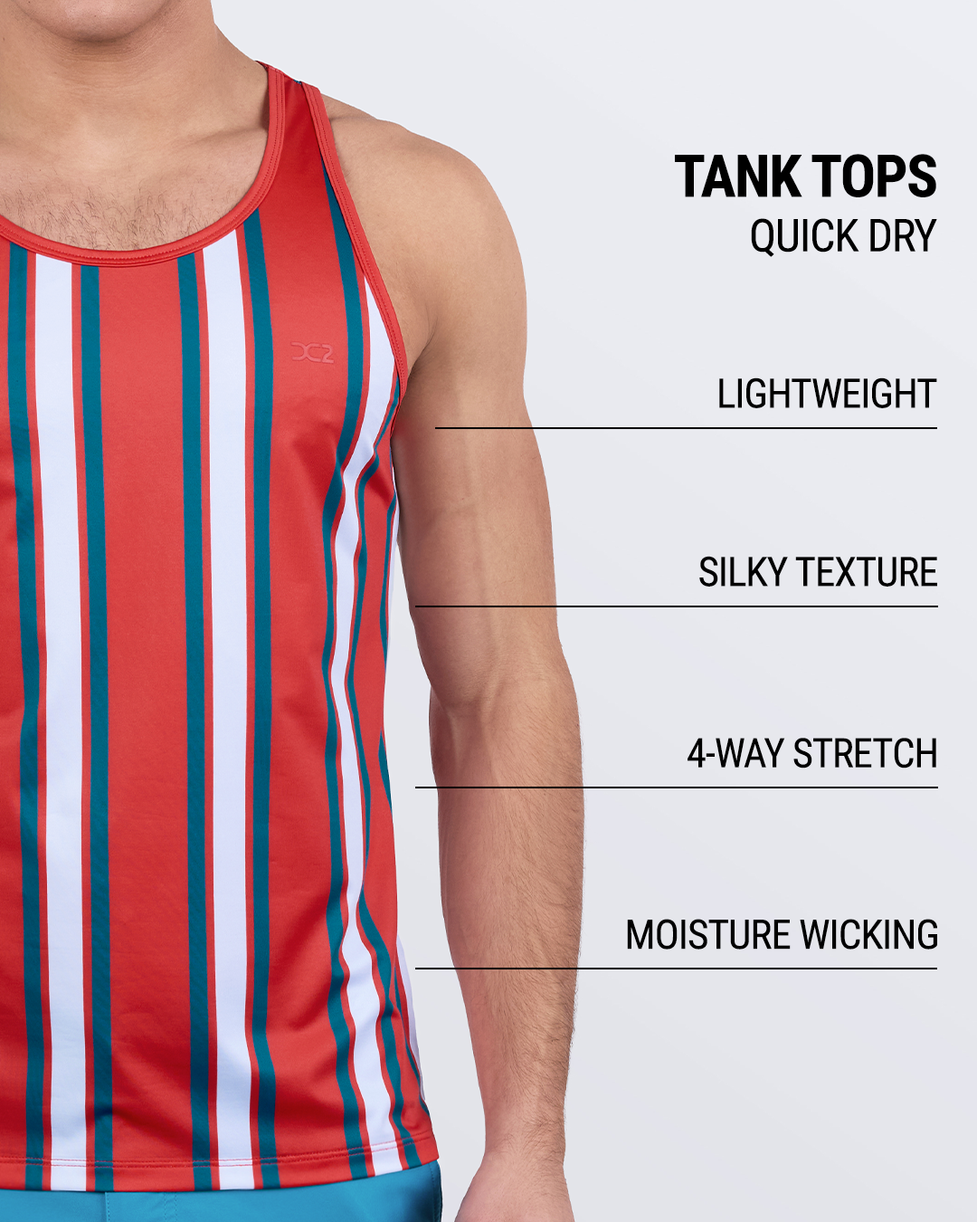SWIFT STRIPES men’s tank top by DC2 – quick-dry, silky feel, moisture-wicking, 4-way stretch, and ultra-lightweight – perfect for gym or travel