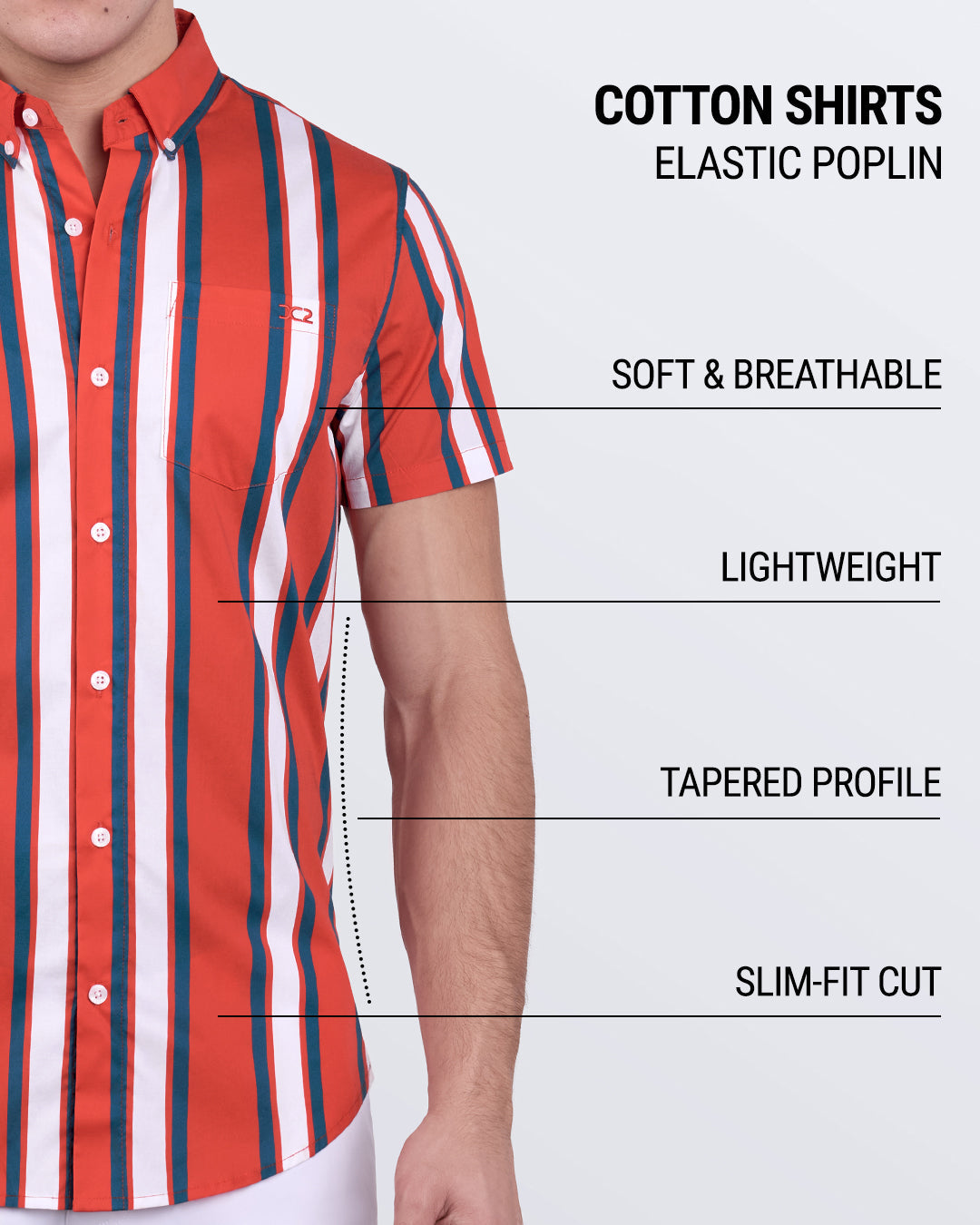 DC2 Swift Stripes shirt – breathable, lightweight cotton with a slim-fit cut and bold vertical design.