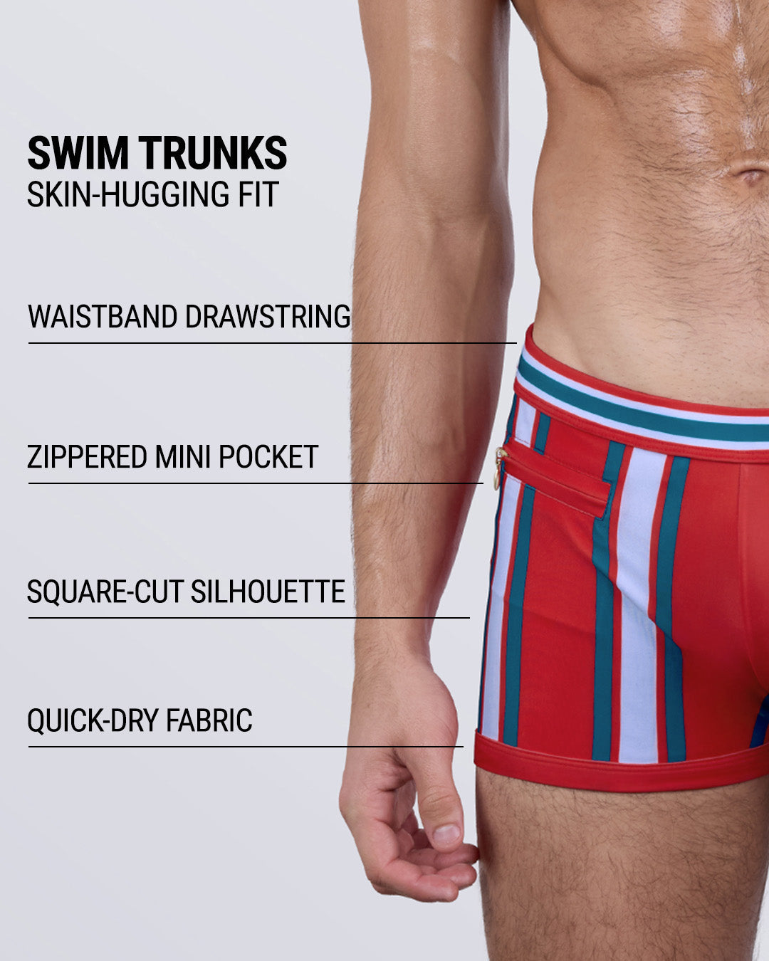 SWIFT STRIPES square-cut swim trunks with skin-hugging fit, zippered mini pocket, and drawstring waistband. Features quick-dry fabric for pool-to-party versatility.