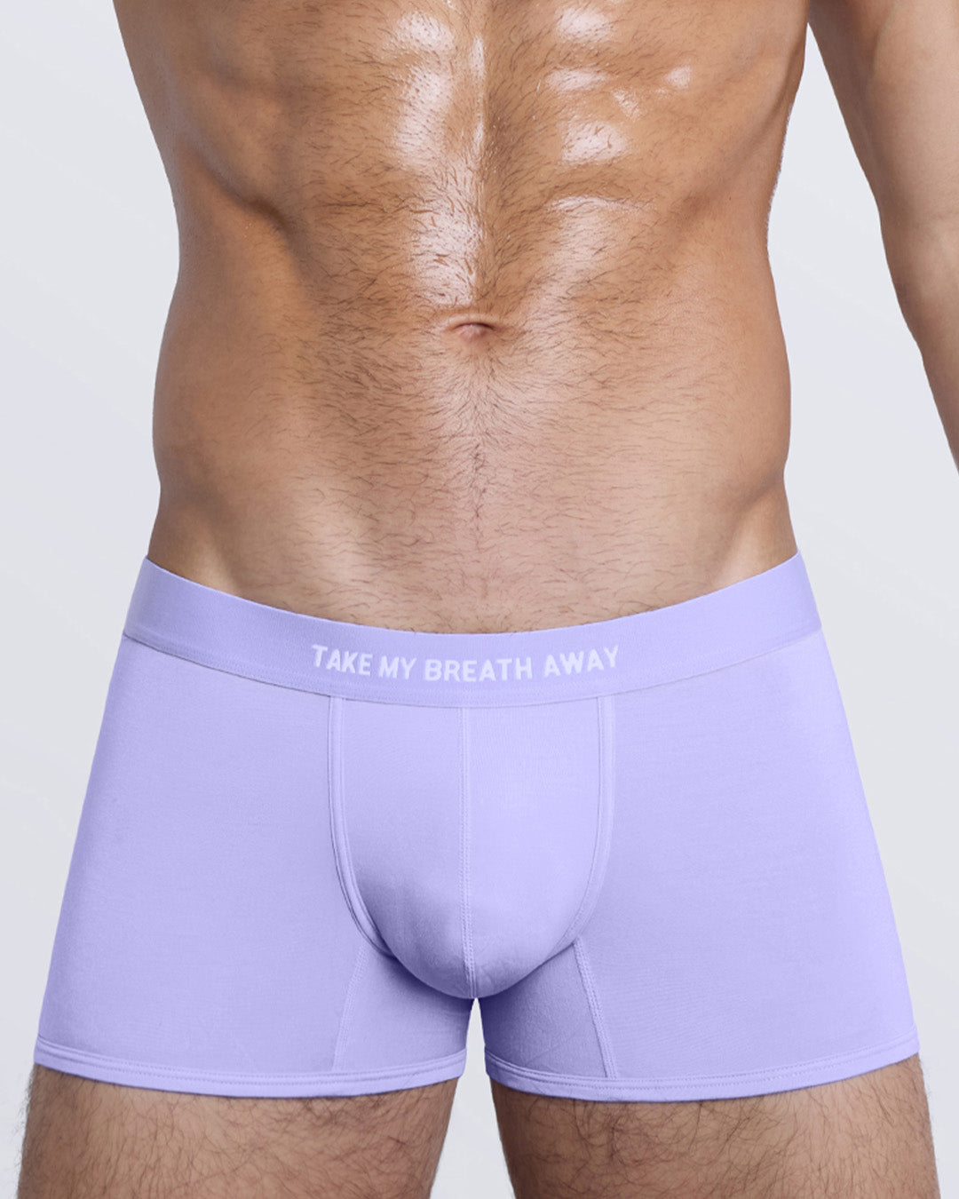 Close-up front of "Take My Breath Away" lavender boxer briefs – bold waistband, sculpted silhouette.