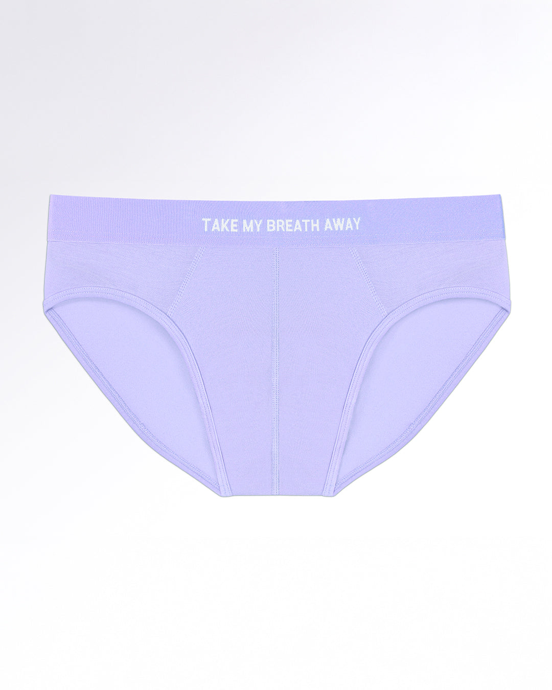 TAKE MY BREATH AWAY Modal Briefs — flatlay of soft lavender men’s modal briefs with a contoured pouch and matching elastic waistband featuring white text.
