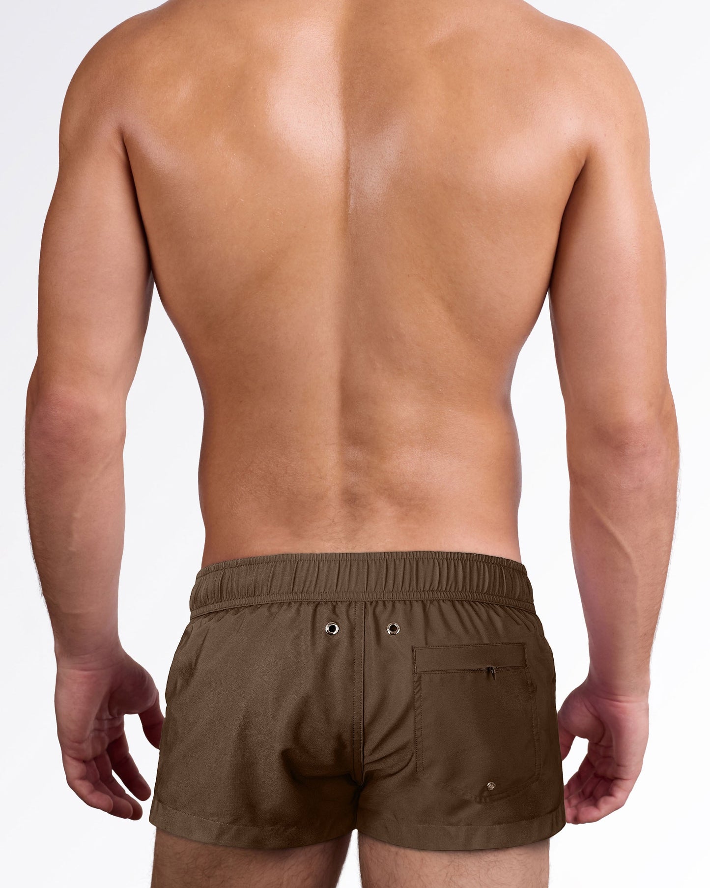 Back view of the That’s That Me Espresso Mini Shorts by DC2 Miami, showing the espresso brown fabric and rear pocket.