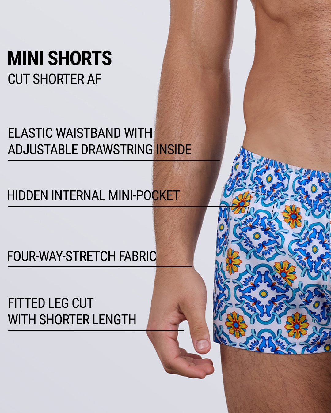Detailed close-up of THE TILE IS HIGH Mini Shorts by DC2 Miami, highlighting key features: ultra-short fitted design, elastic waistband with an internal adjustable drawstring, hidden internal mini-pocket, four-way stretch fabric, and a sleek, contoured leg cut.