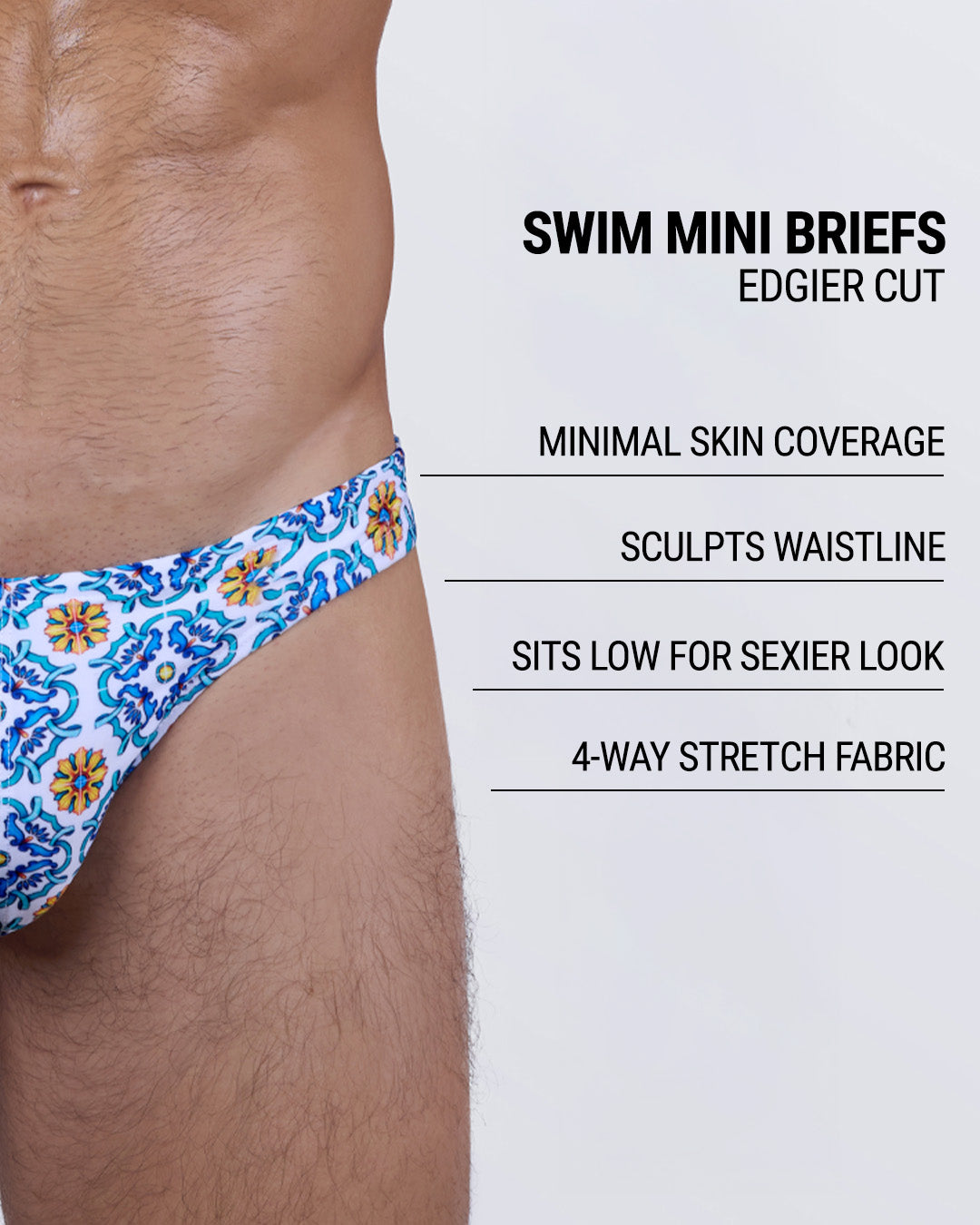 Infographic explaining the edgier cut of the Swim Mini Briefs. Features sculpt waistline, 4-way stretch fabric, sits low for sexier look, and has quick-dry material.