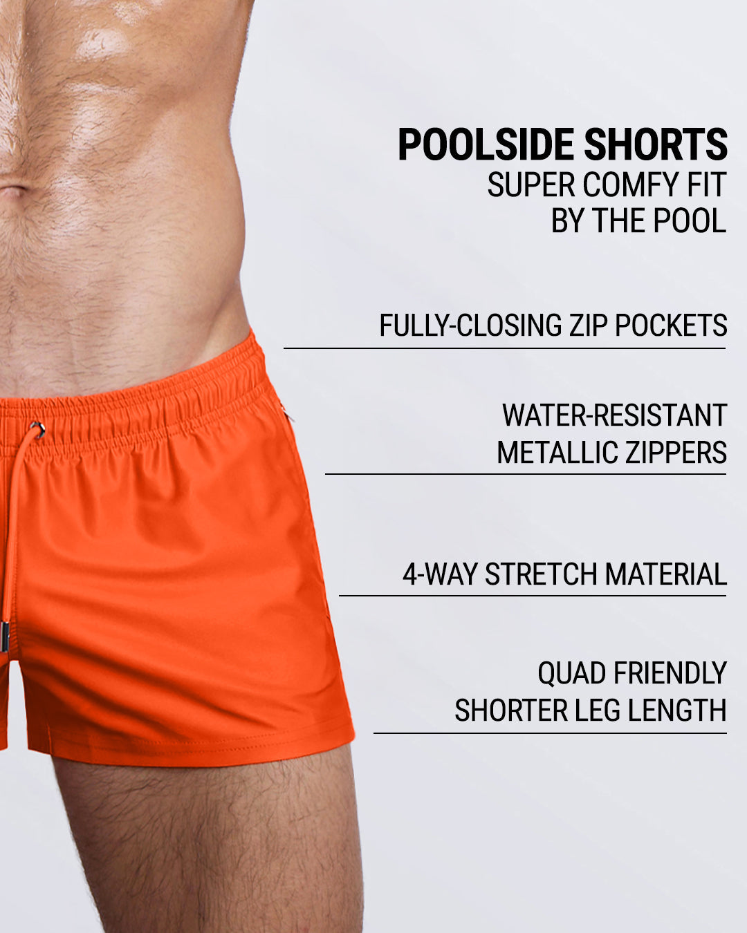 Torch DC2 Poolside Shorts—highlighting water-resistant zippers, shorter leg length, and zip pockets.
