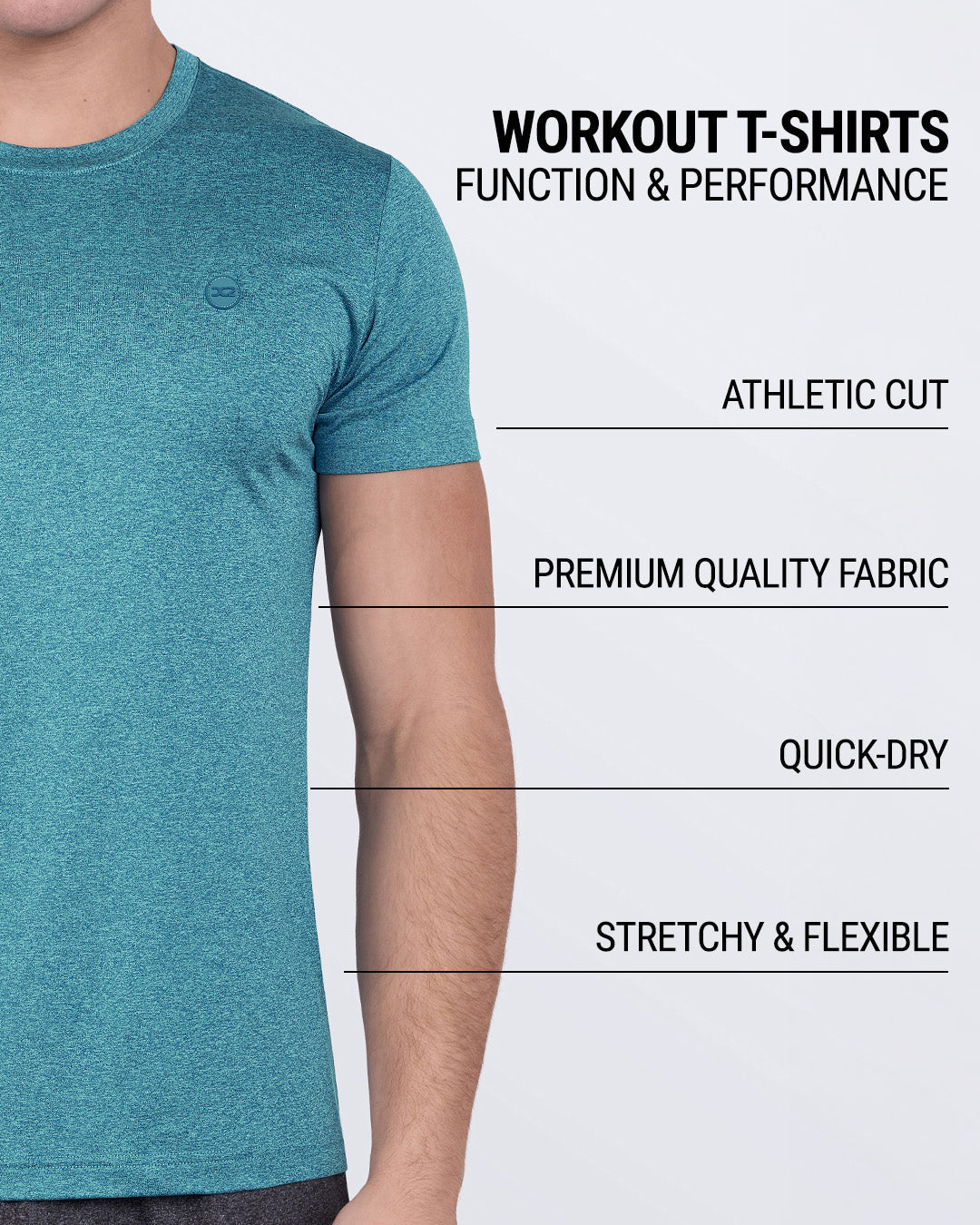 Product details graphic of DC2 Trainer Teal Fitness T-Shirt — showcasing quick-dry tech, premium stretch, and performance fabric construction.