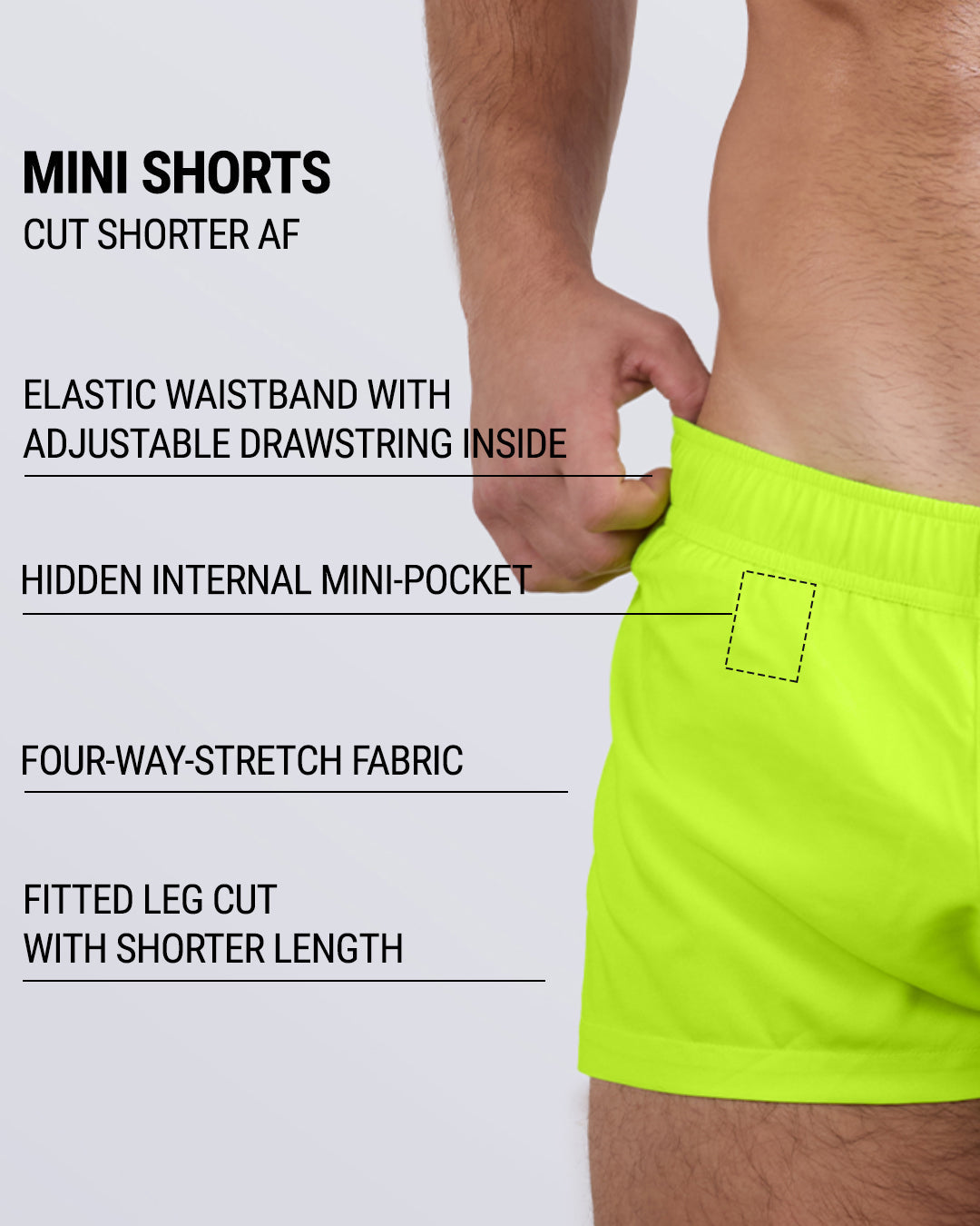 DC2 Ultra Neon Mini Shorts — feature graphic highlighting drawstring waist, hidden pocket, and 4-way stretch fabric.
