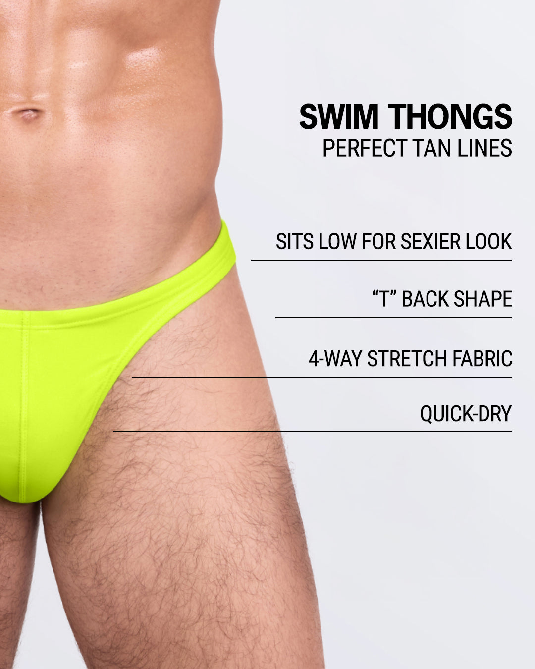 DC2 Ultra Neon Swim Thong — feature graphic highlighting low-rise fit, “T” back, stretch fabric, and quick-dry design.