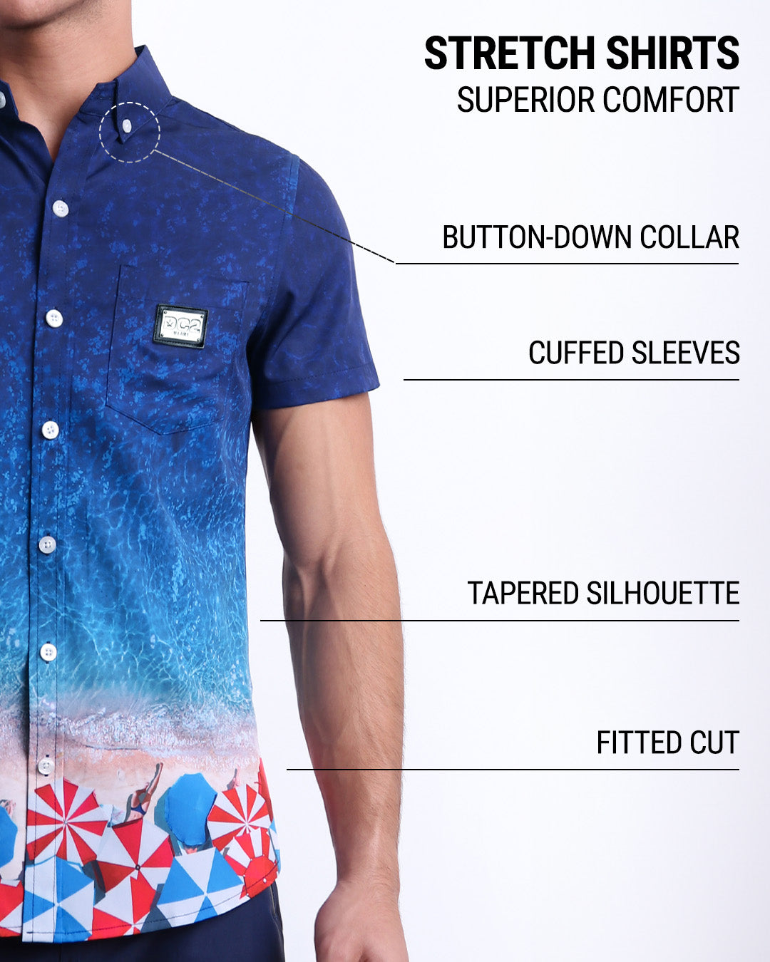 Infographic displaying the contemporary fit of DC2 men's sleeveless Hawaiian Stretch Shirt. This button up shirt features a button-down collar, cuffed sleeves, tapered silhouette, and a fitted cut.
