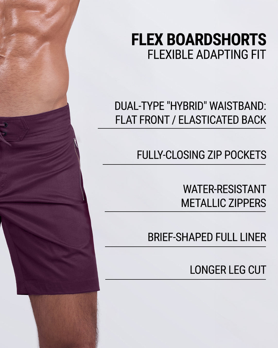 Detailed feature breakdown of the VERY BERRY Flex Boardshorts by DC2 Miami, highlighting the key design elements: dual-type hybrid waistband (flat front and elasticated back), fully-closing zip pockets, water-resistant metallic zippers, a brief-shaped full liner, and a longer leg cut.