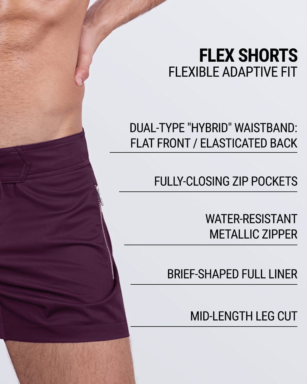 Close-up highlighting key features: hybrid waistband, fully-closing zip pockets, water-resistant metallic zipper, and brief-shaped full liner for enhanced fit and support.