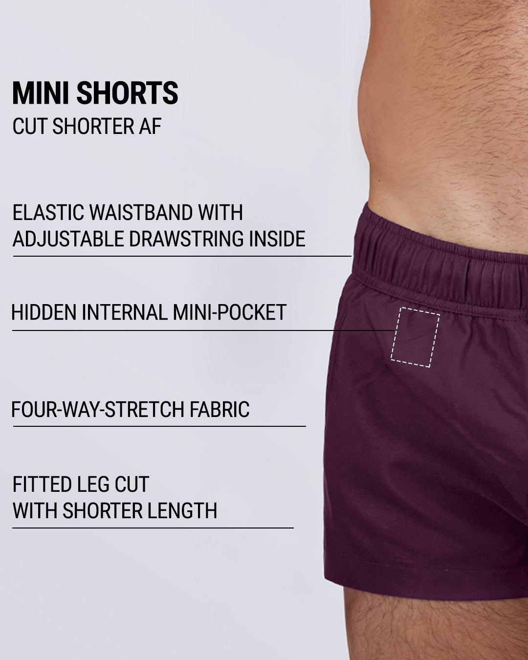 Detailed close-up of the VERY BERRY Mini Shorts by DC2 Miami, highlighting key features: ultra-short fitted design, elastic waistband with an internal adjustable drawstring, hidden internal mini-pocket, four-way stretch fabric, and a sleek, contoured leg cut.