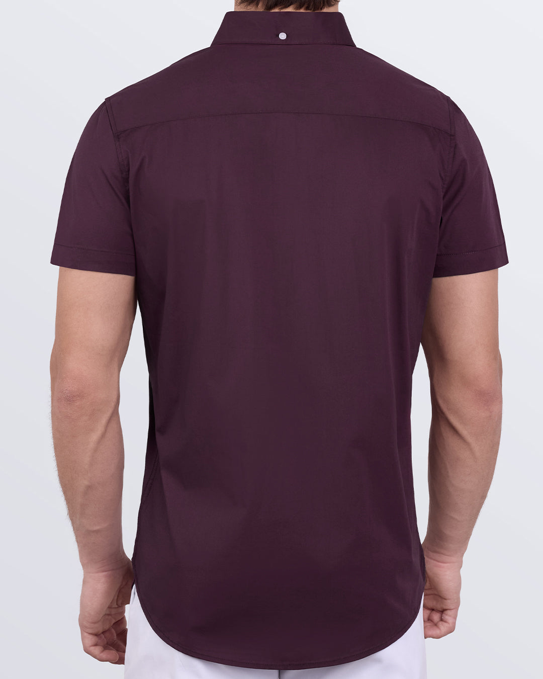 Back view of Very Berry cotton shirt showing tailored fit and curved hem design for men.
