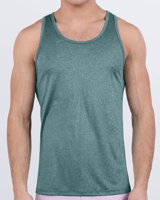 Male model wearing DC2 VIKING GREEN gym tank top for men, made with moisture-wicking performance fabric in a forest green tone, perfect for workout or beachwear.
