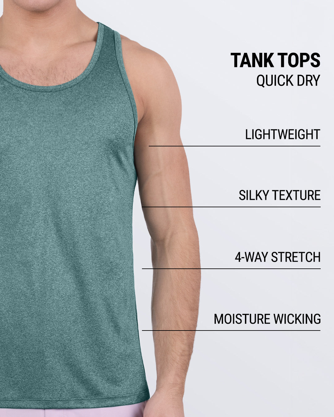 DC2 VIKING GREEN men’s workout tank top showcasing quick-dry, lightweight, silky texture, 4-way stretch, and sweat-wicking properties—ideal for gym training or outdoor runs.