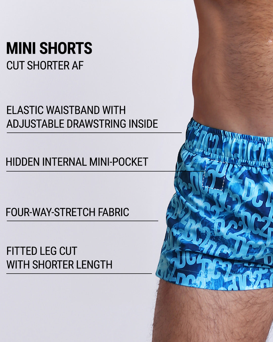 Infographic explaining the many features of the WET Mini Shorts. These MINI SHORTS have elastic waistband with adjustable drawstring inside, hidden internal mini-pocket, 4-way stretch fabric, and are quad friendly with shorter leg length.