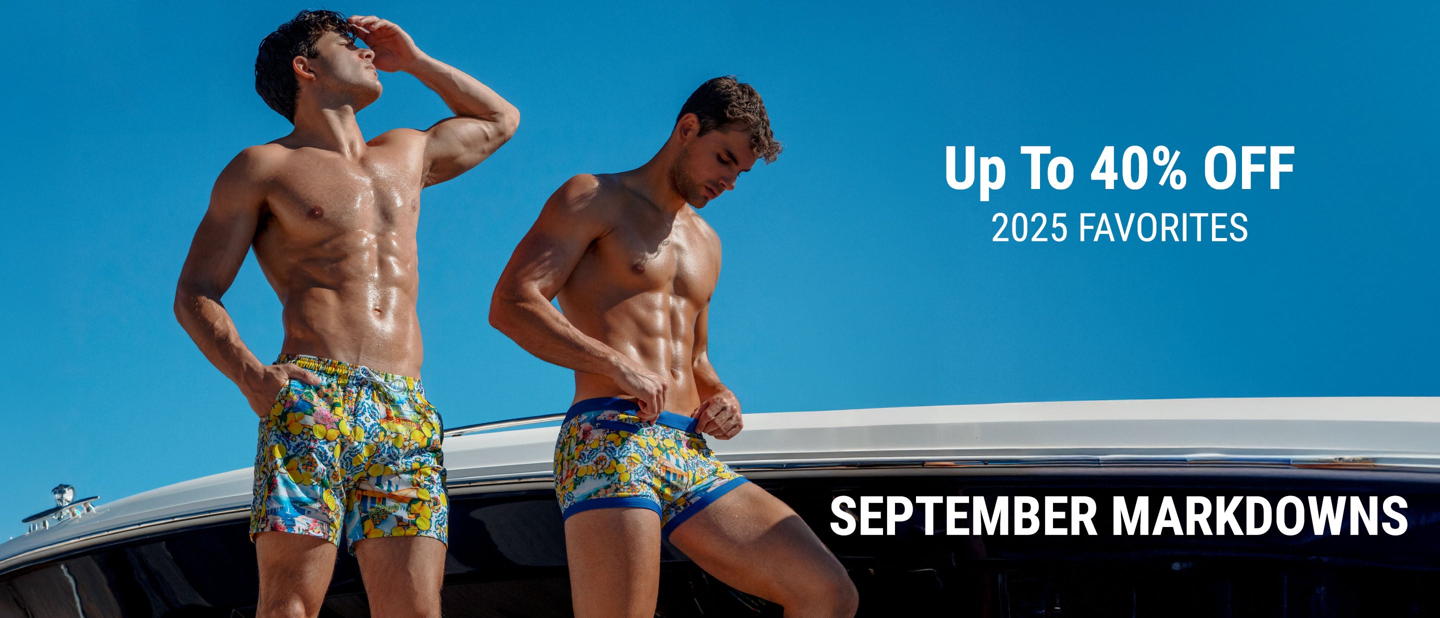 SEPTEMBER MARKDOWNS of DC2 Miami: enjoy up to 40% off on men's selects of summer wear, beachwear, swimsuits, beach shorts, men's shirts, tank tops, and casual shorts. 