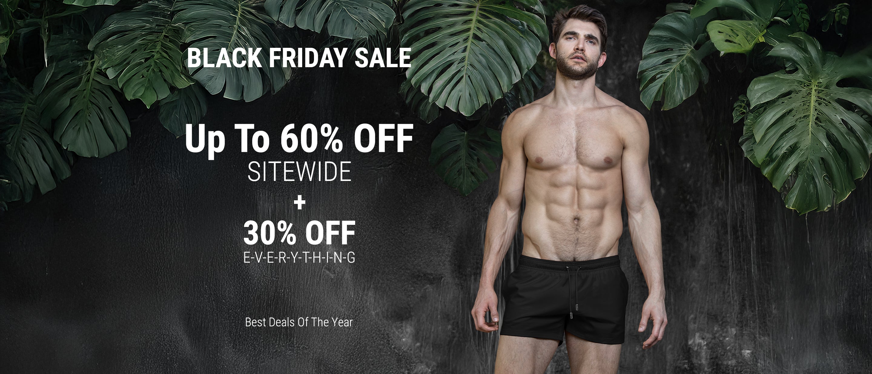 DC2 Black Friday Sale banner featuring a model wearing the Jet Black Poolside Shorts up to 50% off storewide and 30% off everything.
