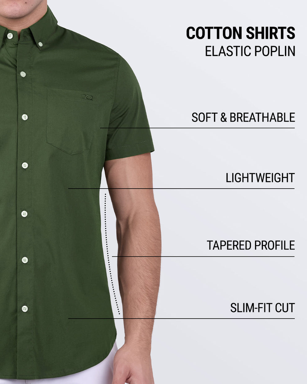 DC2 Alpha Green cotton shirt – breathable, lightweight, and slim-cut with a sharp, tapered silhouette.
