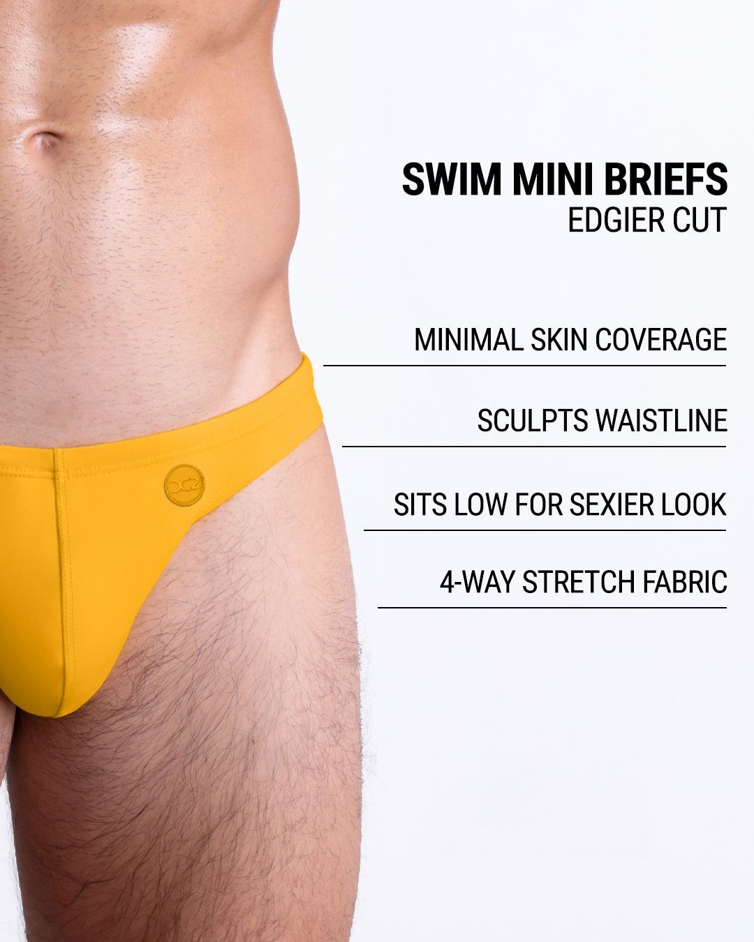 Product details graphic of Amber Sand Swim Mini Briefs — showcasing low-rise fit, stretch fabric, sculpting cut.