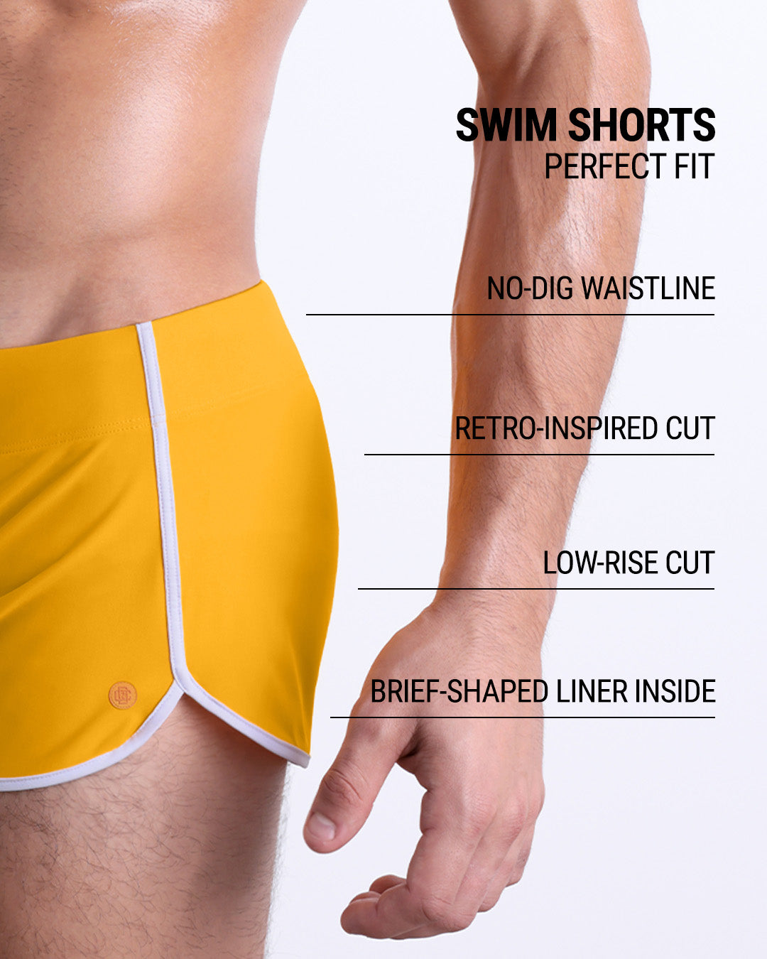 These infographics illustrate the features of the new DC2 Swim Shorts in AMBER SAND. They have a retro-inspired cut, a low-rise design, and a brief-shaped liner inside, while the no-dig waistline ensures maximum comfort.