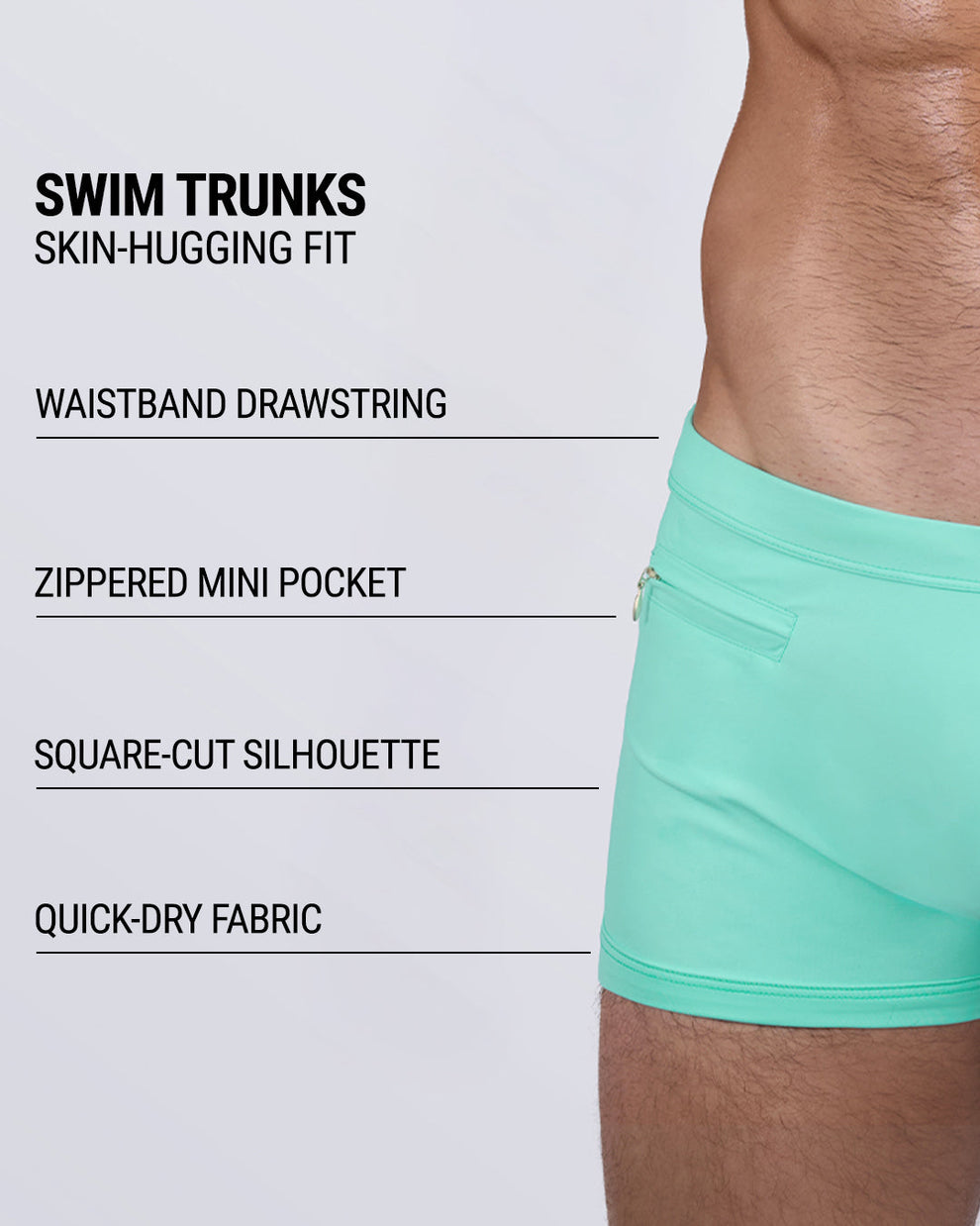 Infographic showcasing key features of the AQUA LITE men’s swim trunks: a skin-hugging fit, waistband drawstring, zippered mini pocket, square-cut silhouette, and quick-dry performance fabric designed for active summer days.