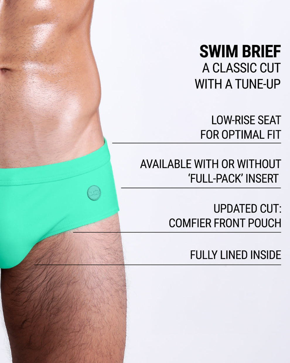 DC2 Aqua Glow Swim Brief — graphic showcasing features like low-rise seat, full-pack insert option, and upgraded pouch comfort.