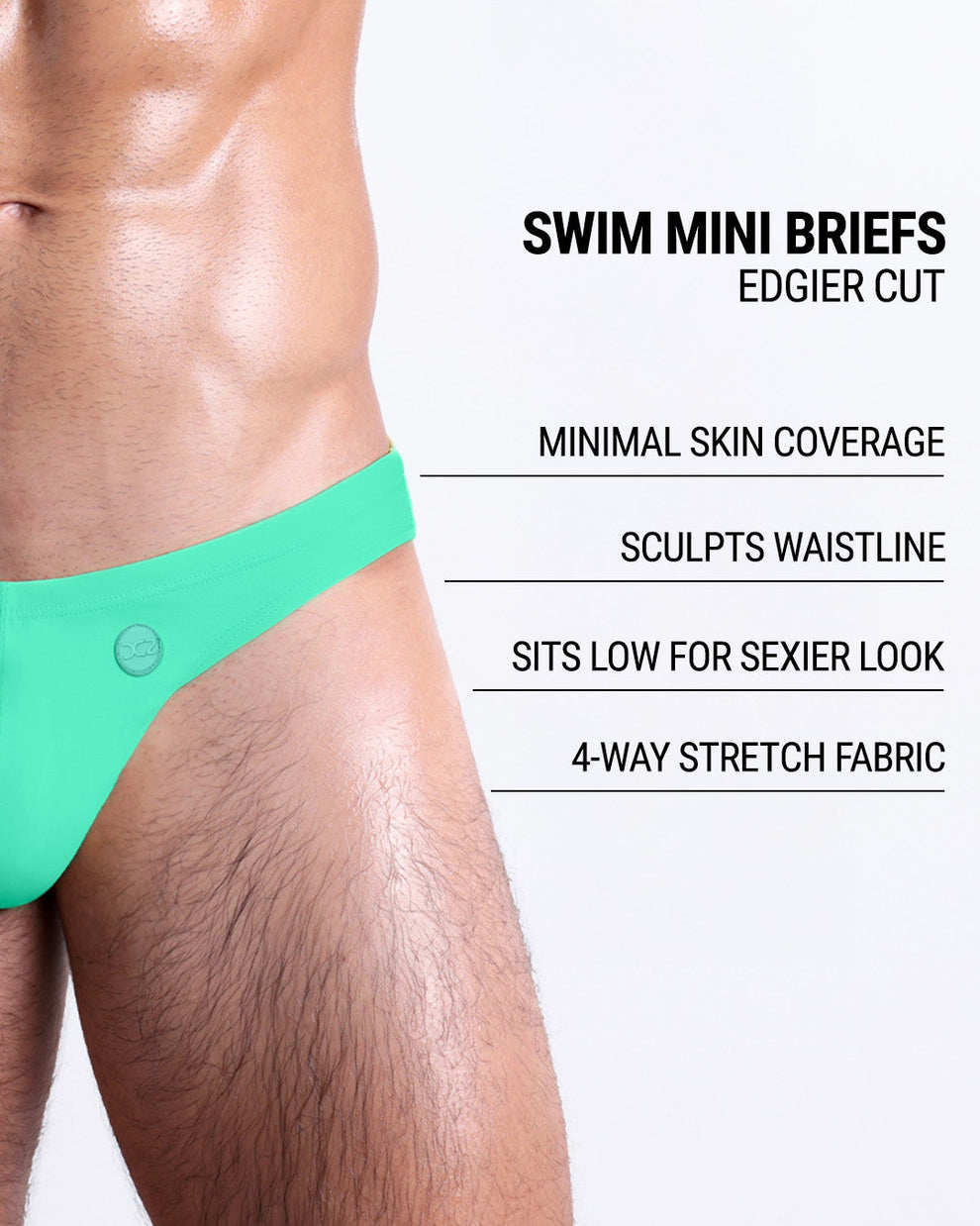 Product details graphic of Aqua Glow Swim Mini Briefs — showcasing 4-way stretch fabric and minimal skin coverage.