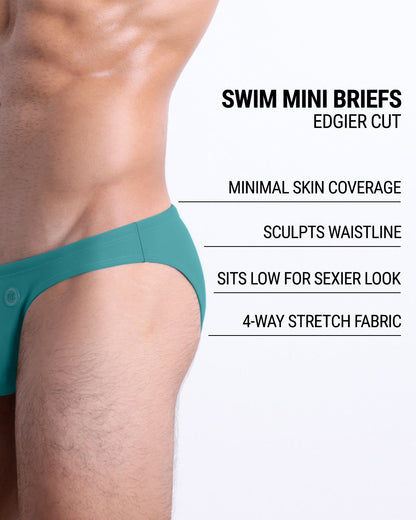 Infographic explaining the edgier cut of the Swim Mini Briefs. Features sculpt waitline, 4-way stretch fabric, sits low for sexier look, and has quick-dry material.