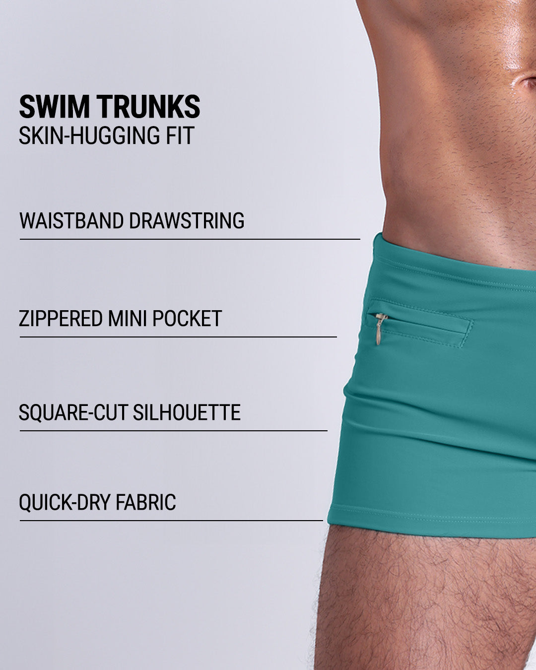 Infographic explaining the Swim Trunks swimming shorts by DC2. These Swim Trunks have a skin-hugging fit, have a waistband drawstring, zippered mini pocket, square-cut silhouette and quick-dry fabric.