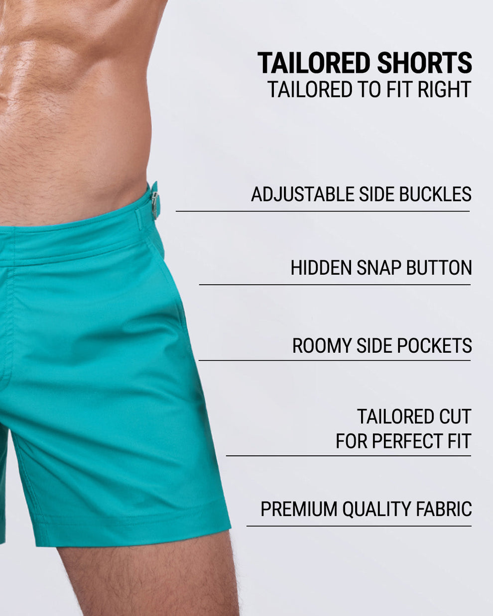 Close-up showing key features: adjustable side buckles, hidden snap button closure, roomy side pockets, and a tailored cut designed for a perfect fit and superior comfort.