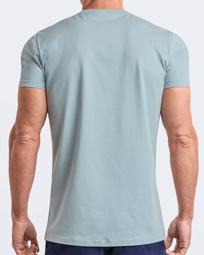 Back view of a pale light teal men's t-shirt, made from soft, durable and breathable modal cotton. Part of the DC2 Miami men's streetwear and beachwear collection, ideal for casual summer outfits.