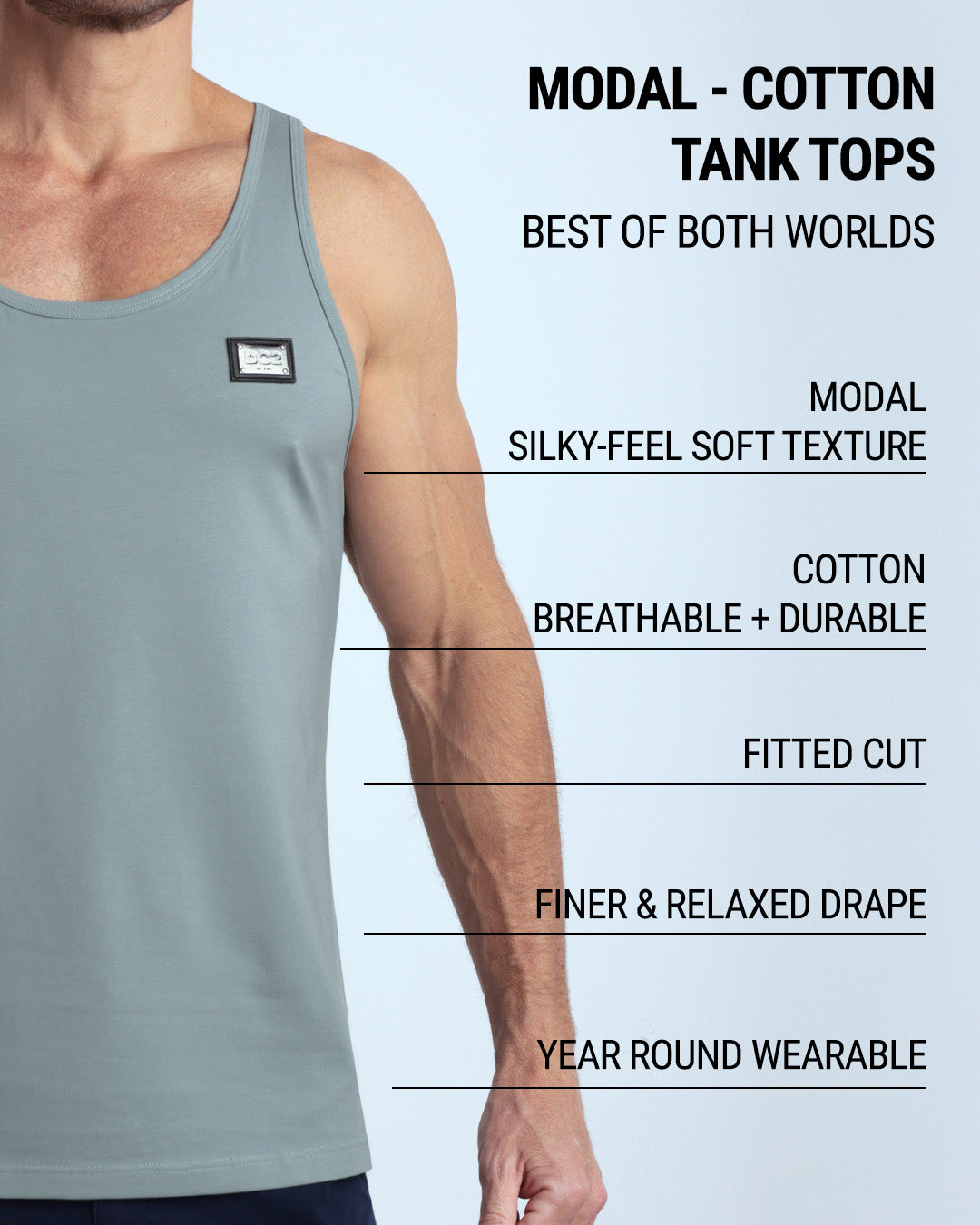 Infographic explaining the features of DC2 Miami's Modal Cotton Tank Tops. Highlights include a silky-feel soft texture from modal, breathable, and durable cotton, a fitted cut for a sleek look, a finer and relaxed drape, and versatility as a year-round wearable piece. The tank top combines the best of both worlds for comfort and style, ideal for gym wear and casual outfits.