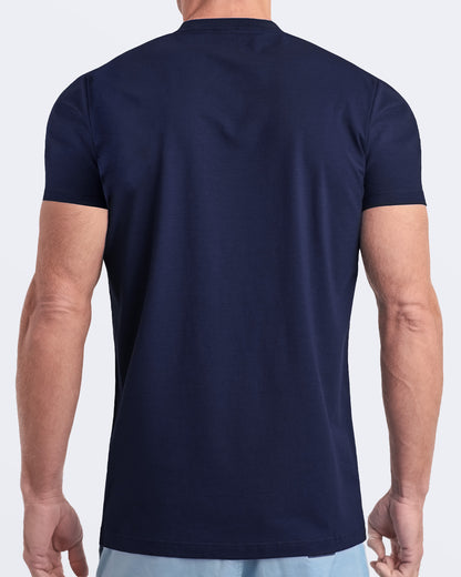 Back view of a navy blue men's t-shirt, made from soft, durable and breathable modal cotton. Part of the DC2 Miami men's streetwear and beachwear collection, ideal for casual summer outfits