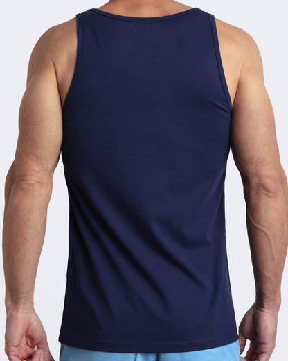 Back view of the BE MY NAVY men's fitness breathable tank top made of modal cotton blend in a solid dark navy blue color by DC2 Miami menswear.