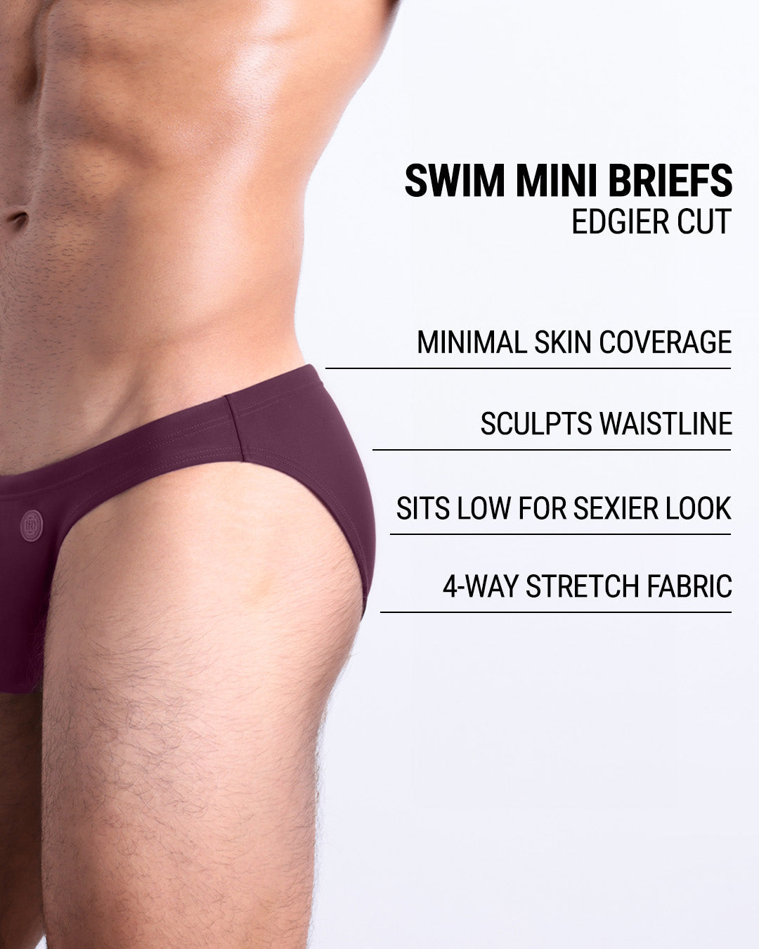 Infographic explaining the edgier cut of the Swim Mini Briefs. Features sculpt waitline, 4-way stretch fabric, sits low for sexier look, and has quick-dry material.