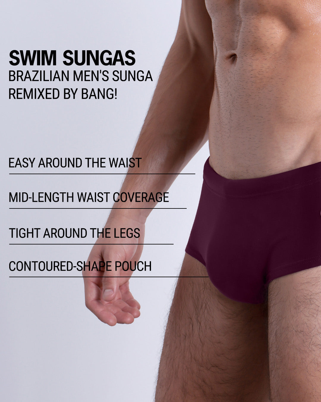 Infographic explaining the Brazilian Men's Swim Sunga remixed by BANG! These Swim Sunga are easy around the waist, are mid-length waist coverage, are tight aroung the legs, and have contoured-shape pouch.