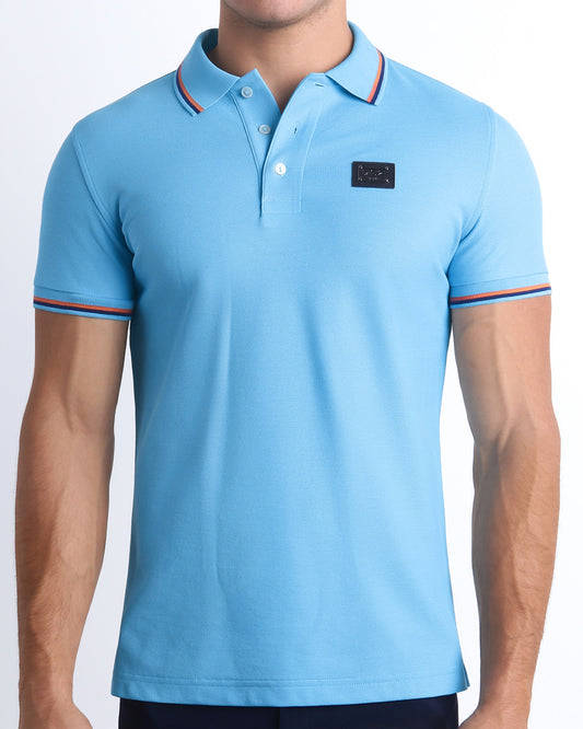 Front view of the BISCAYNE LIGHT BLUE Polo Shirt. It features a slim fit and short sleeves for a modern twist. Made from Peru's premium Pima Cotton, it's stylish and comfortable by DC2 a BANG! Miami Clothes capsule brand.