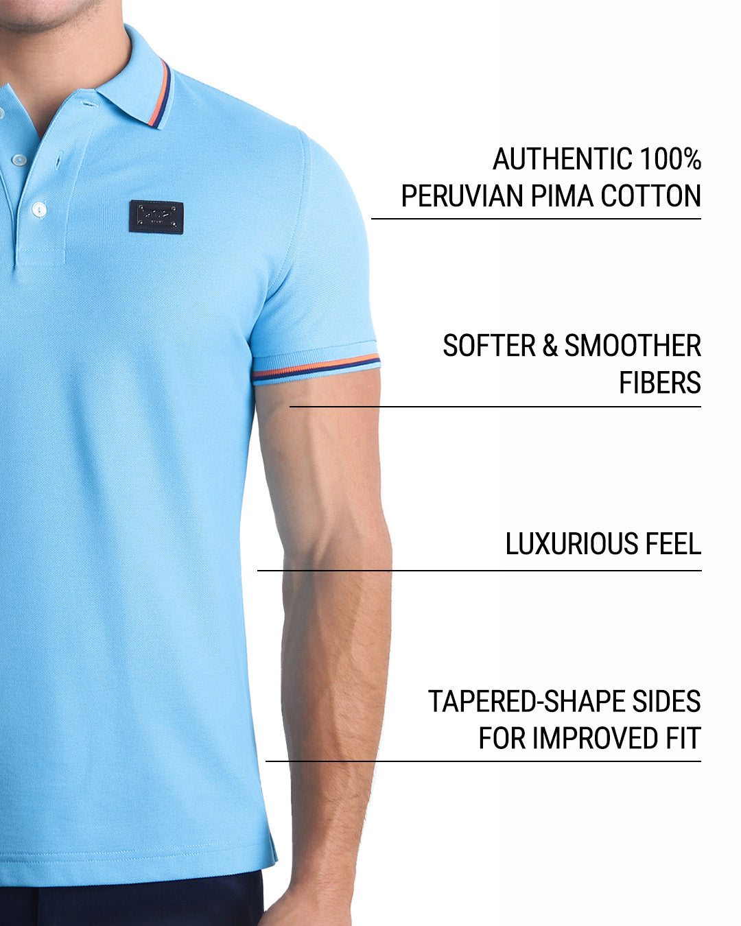 Infographic explaining that DC2 Polo Shirts are crafted from authentic 100% Peruvian Pima Cotton, featuring softer and smoother fibers, a luxurious feel, and tapered sides for an improved fit.