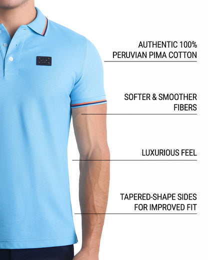 Infographic explaining that DC2 Polo Shirts are crafted from authentic 100% Peruvian Pima Cotton, featuring softer and smoother fibers, a luxurious feel, and tapered sides for an improved fit.