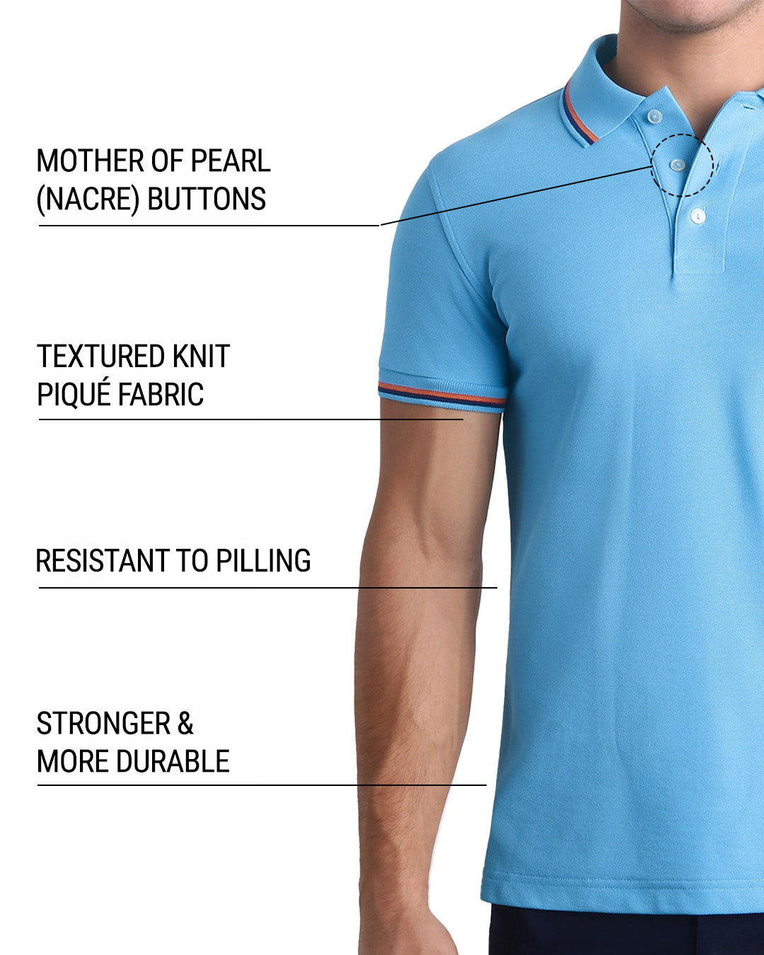 An infographic explaining that DC2 Polo Shirts feature mother of pearl (nacre) buttons, textured knit pique fabric, resistance to pilling, and enhanced strength and durability.