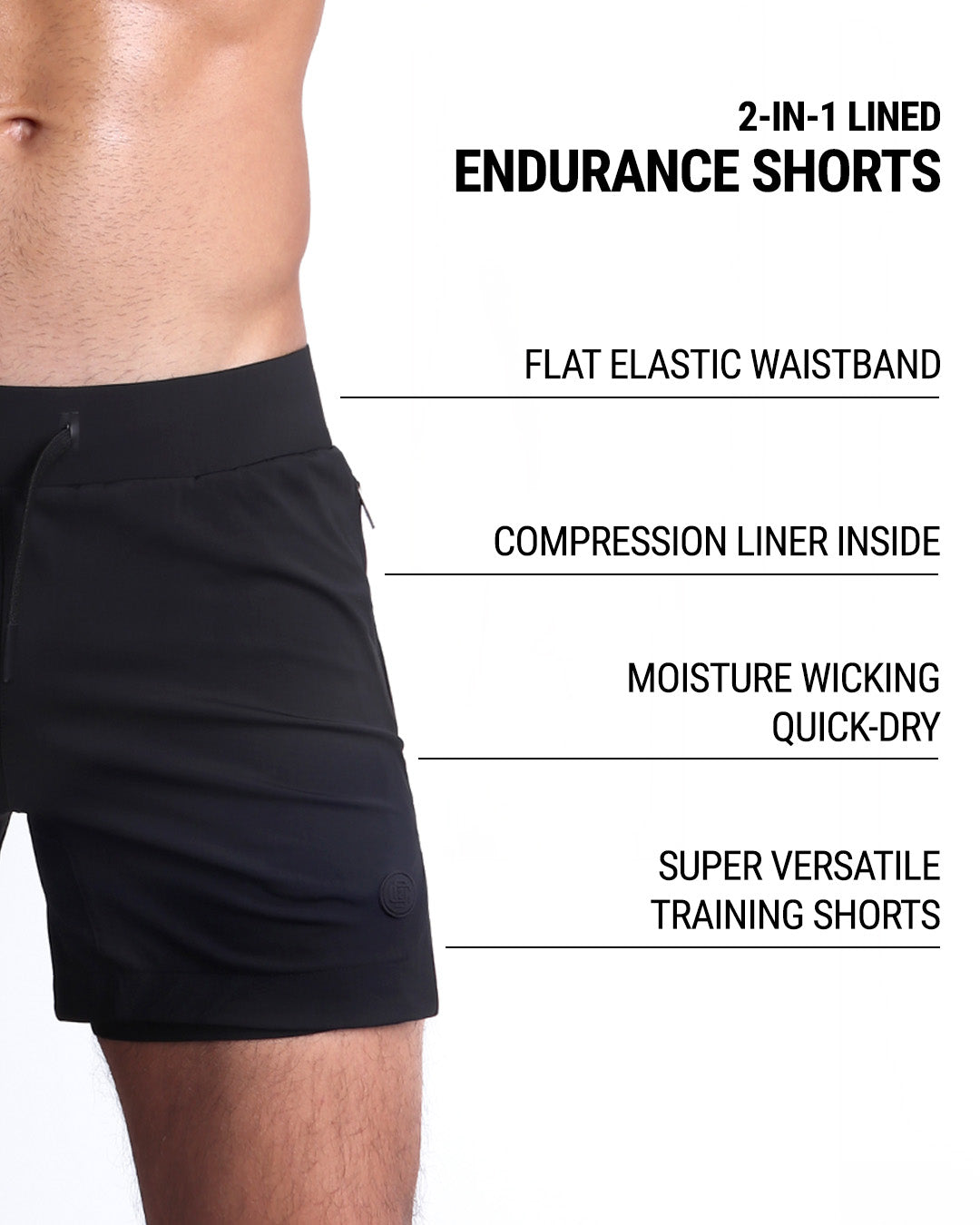 Infographic displaying the features of the men's fitness 2-in-1 Endurance Shorts. These gym shorts come with a flat elastic waistband and a compression liner inside, perfect for active sports such as crossfit, strength training, or running. The activewear shorts are made of moisture-wicking, quick-dry material, making them very versatile training shorts.