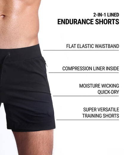 Infographic displaying the features of the men's fitness 2-in-1 Endurance Shorts. These gym shorts come with a flat elastic waistband and a compression liner inside, perfect for active sports such as crossfit, strength training, or running. The activewear shorts are made of moisture-wicking, quick-dry material, making them very versatile training shorts.