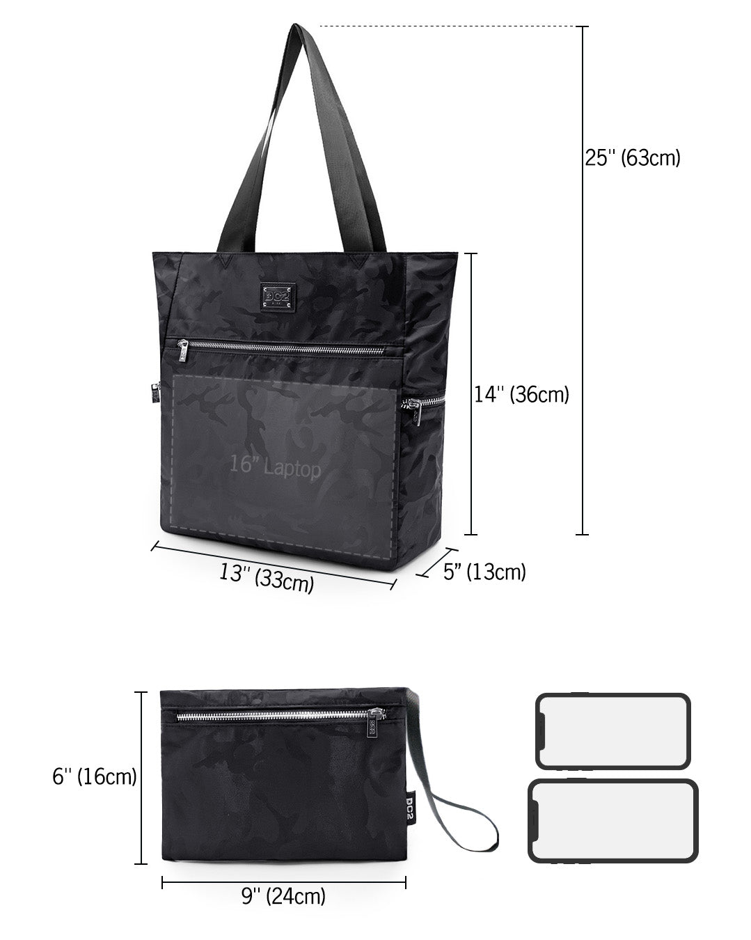 Sizing infographic for the BLACK CAMO Poolside Tote Bag by DC2 Miami. The main tote bag measures 25 inches (63 cm) in height including straps, 14 inches (36 cm) in height without straps, and 5 inches (13 cm) in depth, accommodating a 16-inch laptop. The detachable pouch measures 9 inches (24 cm) in width and 6 inches (16 cm) in height.